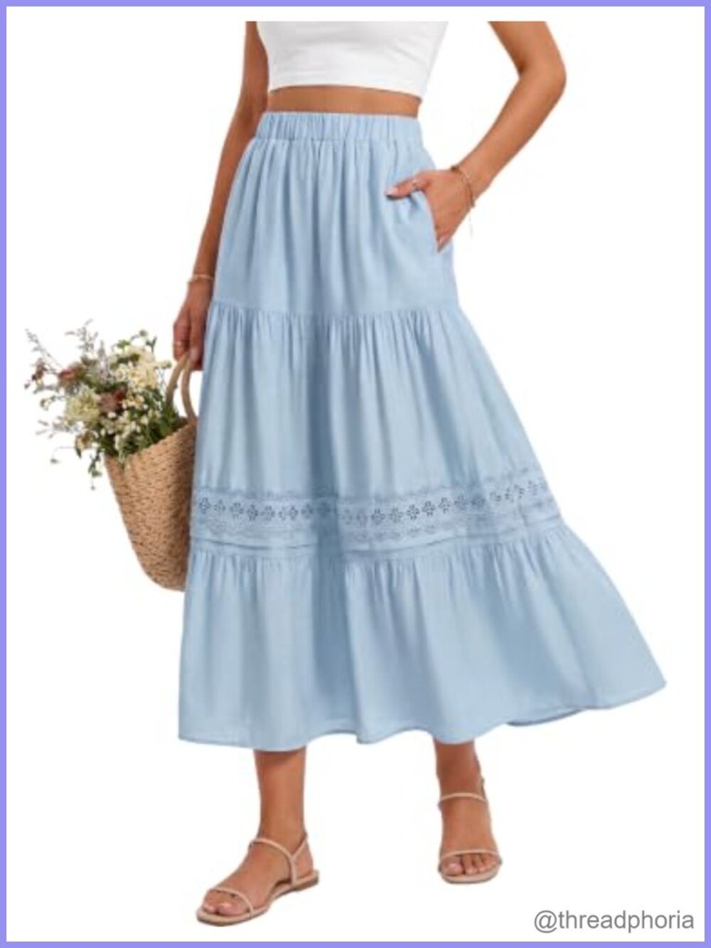 Flowy Lace Trim Maxi Skirt with Pockets High Waist A-Line
